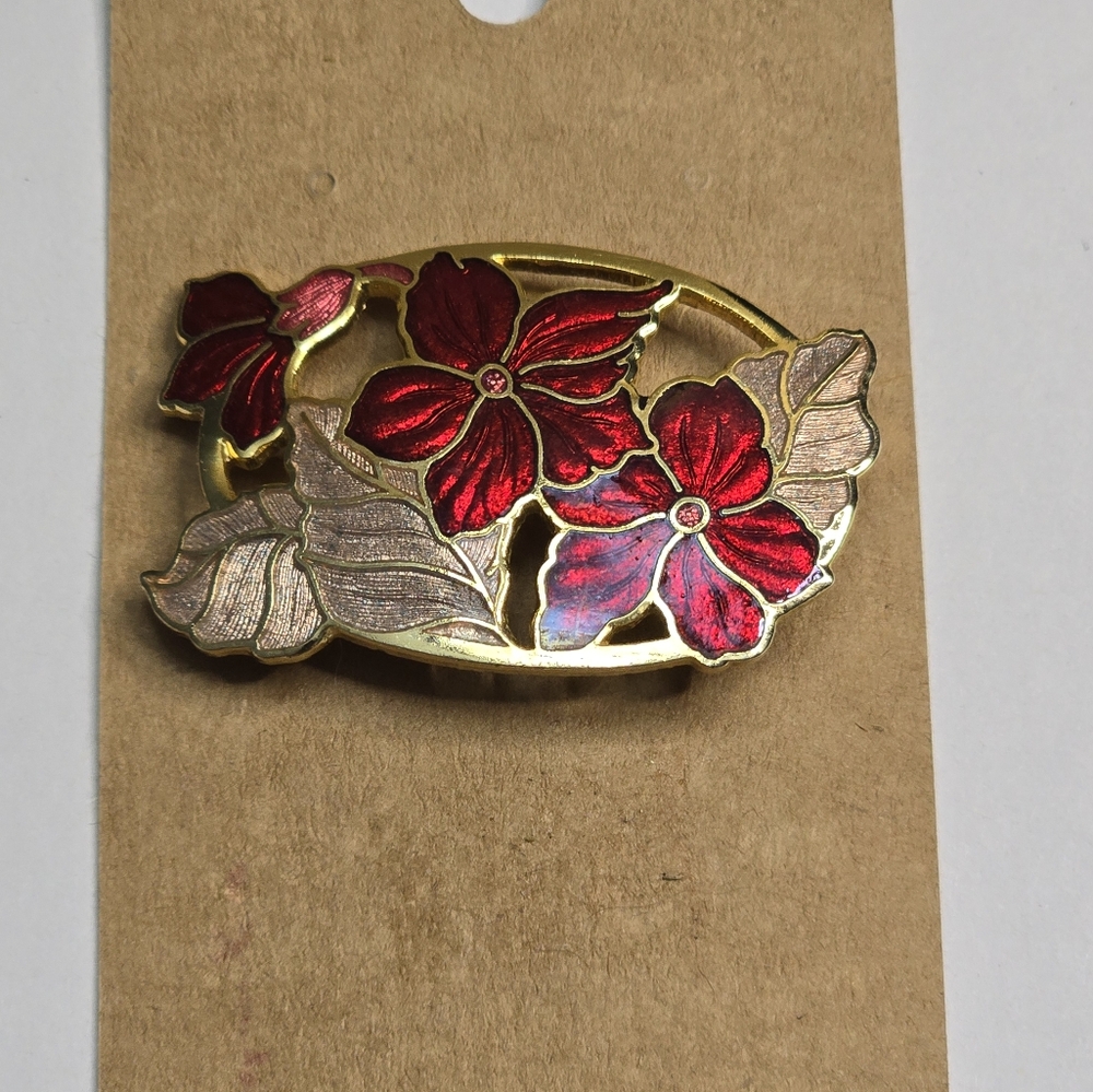 Fish Cloisonne Floral Gold and‎ Red Brooch